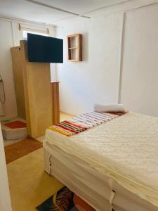 a bedroom with a bed and a flat screen tv at Takasira Appart Hotel centre ville in Fort Dauphin