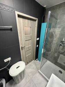 W łazience znajduje się toaleta i przeszklony prysznic. w obiekcie OMMPBooking w mieście Częstochowa