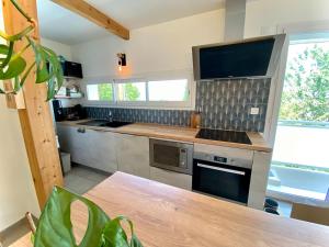 a kitchen with stainless steel appliances and a large window at Maison familiale vue lac avec jardin - à 10mn du lac et stations de ski in Publier