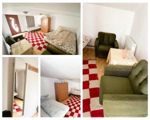 eine Collage aus vier Bildern eines Wohnzimmers in der Unterkunft Acasa in Bicaz-Chei - Camere de inchiriat Cheile Bicazului in Bicaz-Chei + 25 Fotos