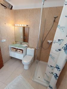 a bathroom with a shower and a toilet and a sink at Casa Joana in Cala Santanyi