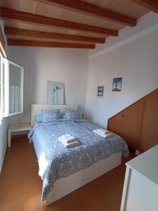 a bedroom with a bed with a blue comforter at Casa Joana in Cala Santanyi