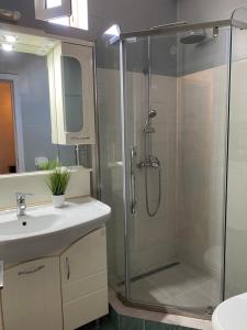 bagno con doccia in vetro e lavandino di Perfect Holiday Villa a Constanţa