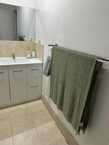 a bathroom with a sink and a green towel at Cozy Inn in Perth