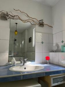 łazienka z umywalką i dużym lustrem w obiekcie Haus am Schloss w mieście Heimesreutin