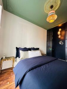 a bedroom with a blue bed and a green ceiling at 2 pièces à Bastille in Paris