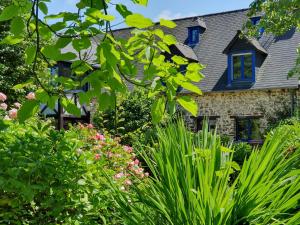 een stenen huis met blauwe ramen en planten bij Maison en pierre dans son nid de verdure in Roz-Landrieux