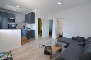een woonkamer met een bank en een keuken bij Brseč Villa AnDa s apartmanima i bazenom in Brseč