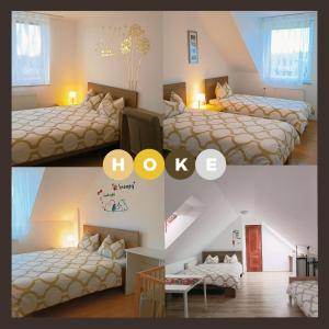 a collage of photos of a bedroom with two beds at HOKE lakás in Sopron