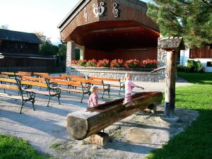 バート・ミッテルンドルフにあるApartment in Bad Mitterndorf with sauna ski storage and gardenの公園の木製のベンチで遊んでいる子供2人