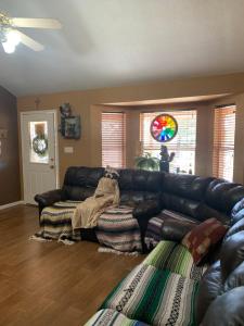 a living room with a leather couch and a window at Live Oak Home in Salado