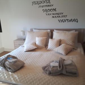 łóżko z dwoma ręcznikami na górze w obiekcie B&B Carpe Diem w mieście Maaseik