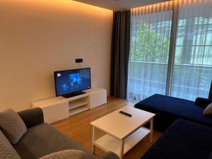 sala de estar con sofá y TV en Prime İstanbul Residances Deluxe 2 Bedroom Flat, en Estambul