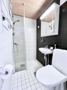 La salle de bains est pourvue d'une douche, de toilettes et d'un lavabo. dans l'établissement Lovely Central Apartment Helsinki, à Helsinki