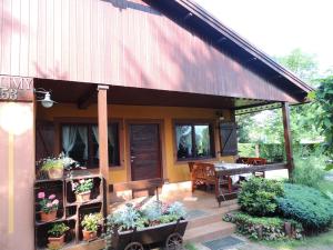 a house with potted plants on a patio at Domek letniskowy nad jeziorem Dadaj na Mazurach in Biskupiec