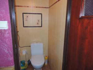 a bathroom with a toilet and a picture on the wall at Domek letniskowy nad jeziorem Dadaj na Mazurach in Biskupiec