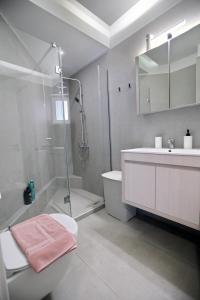 uma casa de banho com um chuveiro, um WC e um lavatório. em Ioanna's Luxury Two Bedroom Apartment em Nafplio