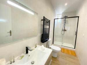 een badkamer met een wastafel, een toilet en een spiegel bij Les Dunes 1 in Sangatte