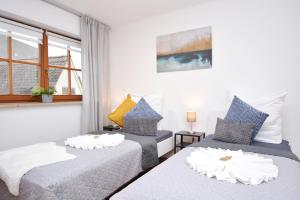 two twin beds in a room with a window at NUE11-RI Apartment in Zirndorf in Zirndorf