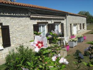 a stone house with flowers in front of it at La maison de rolland in Saint-Martin-lʼArs