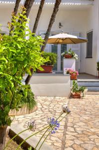 un patio con macetas y sombrilla en Villa Giardini Luxury Room, en Capri