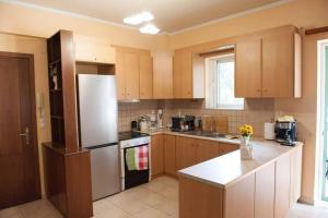 a kitchen with wooden cabinets and a white refrigerator at Meropi Apartment in Preveza
