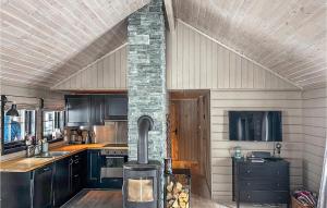 a kitchen with a wood stove in the middle at Cozy Home In Bykle With Kitchen in Bykle