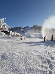 a group of people skiing down a snow covered slope at Chalet Le Wapiti, aux pieds des pistes, à 200m du village in Notre-Dame-de-Bellecombe