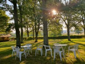 eine Gruppe von Tischen und Stühlen auf einem Feld mit Bäumen in der Unterkunft Glamping Les Arbres, Luxe Safaritent met zwembad in Cronat
