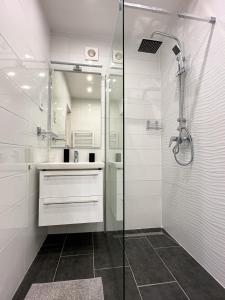 a white bathroom with a shower and a sink at Vár Apartman in Eger +3 photos