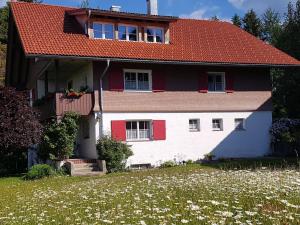 a house with a red roof and a field of flowers at Ferienwohnung Fritz in Sigmarszell