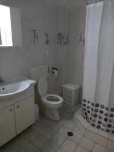 a bathroom with a toilet and a sink and a shower at Paralia Apartments in Paralia Katerinis