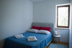 - une chambre avec un lit bleu avec des oreillers rouges et une fenêtre dans l'établissement Apartma Marin, à Portorož