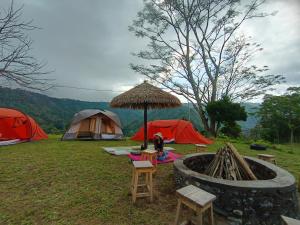 un groupe de tentes et un foyer extérieur dans un champ dans l'établissement Kintamani Adventures 'Life Hurt, Nature Heal', à Kintamani