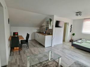 a living room with a kitchen and a dining room at Apartman Lena 2 in Tušilović