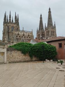 eine große Kathedrale mit einer Steinmauer und Bäumen in der Unterkunft Rincón Gótico in Burgos