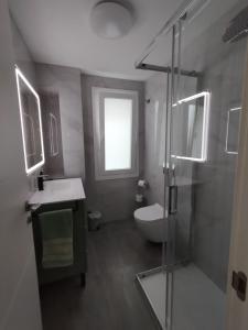 a bathroom with a shower and a toilet and a sink at Rincón Gótico in Burgos