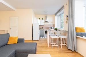a living room with a couch and a kitchen at Kaubamaja Apartment in Tallinn