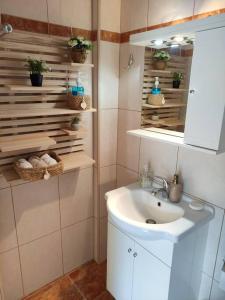 een badkamer met een wastafel en een spiegel bij Yiannis Appartments 