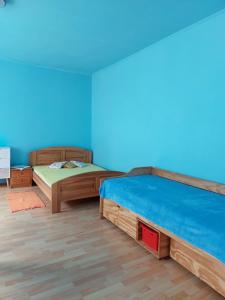 una camera con due letti e una parete blu di Prázdninový byt Arin a Jáchymov