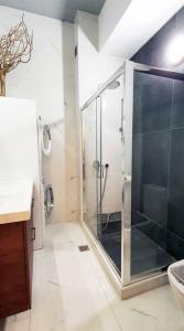 ein Bad mit einer Dusche und einer Glastür in der Unterkunft Hidden gem on the Piraeus Coast in Piräus