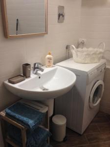 a bathroom with a sink and a washing machine at Tiny House in the center in Torri del Benaco +31 photos