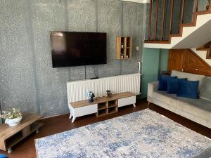 a living room with a couch and a tv on the wall at Four seanson müstakil sıcak havuzlu villa in Sapanca