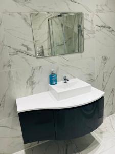 een badkamer met een witte wastafel en een spiegel bij The Pleasant House in Manchester