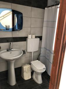 La salle de bains est pourvue de toilettes, d'un lavabo et d'un miroir. dans l'établissement Hotel Apartment Agios Konstantinos, à Ágios Konstantínos