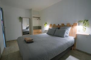1 dormitorio con 1 cama grande y espejo en -LA BOOA- Maison écologique 65m2 -Piscine privée- Ardèche GESTLOC, en Ozon