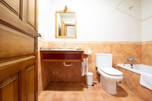 a bathroom with a toilet and a sink and a mirror at Tirontillana in Dehesa de Cuellar