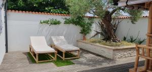 2 chaises et un arbre sur la terrasse dans l'établissement Villa Bahia - ADRIAE Home, à LʼAiguillon-sur-Mer