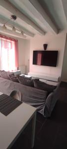 a living room with a couch and a flat screen tv at AUBIGNY appartement centre ville 1e étage in Aubigny-sur-Nère