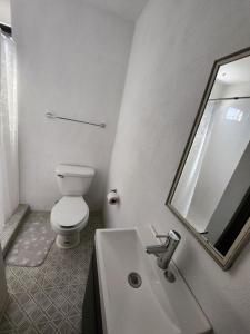 a bathroom with a toilet and a sink and a mirror at Casa Linda Vista in Guanajuato